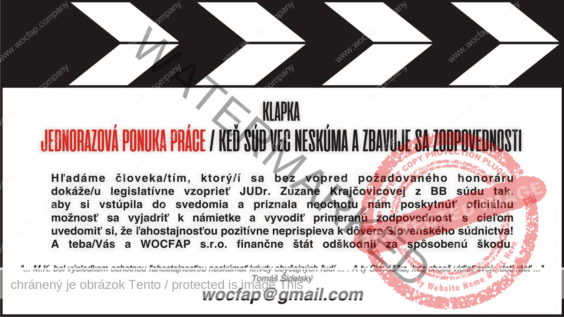 JUDr. Zuzana Krajčovicová vs WOCFAP s.r.o. - ponuka práce